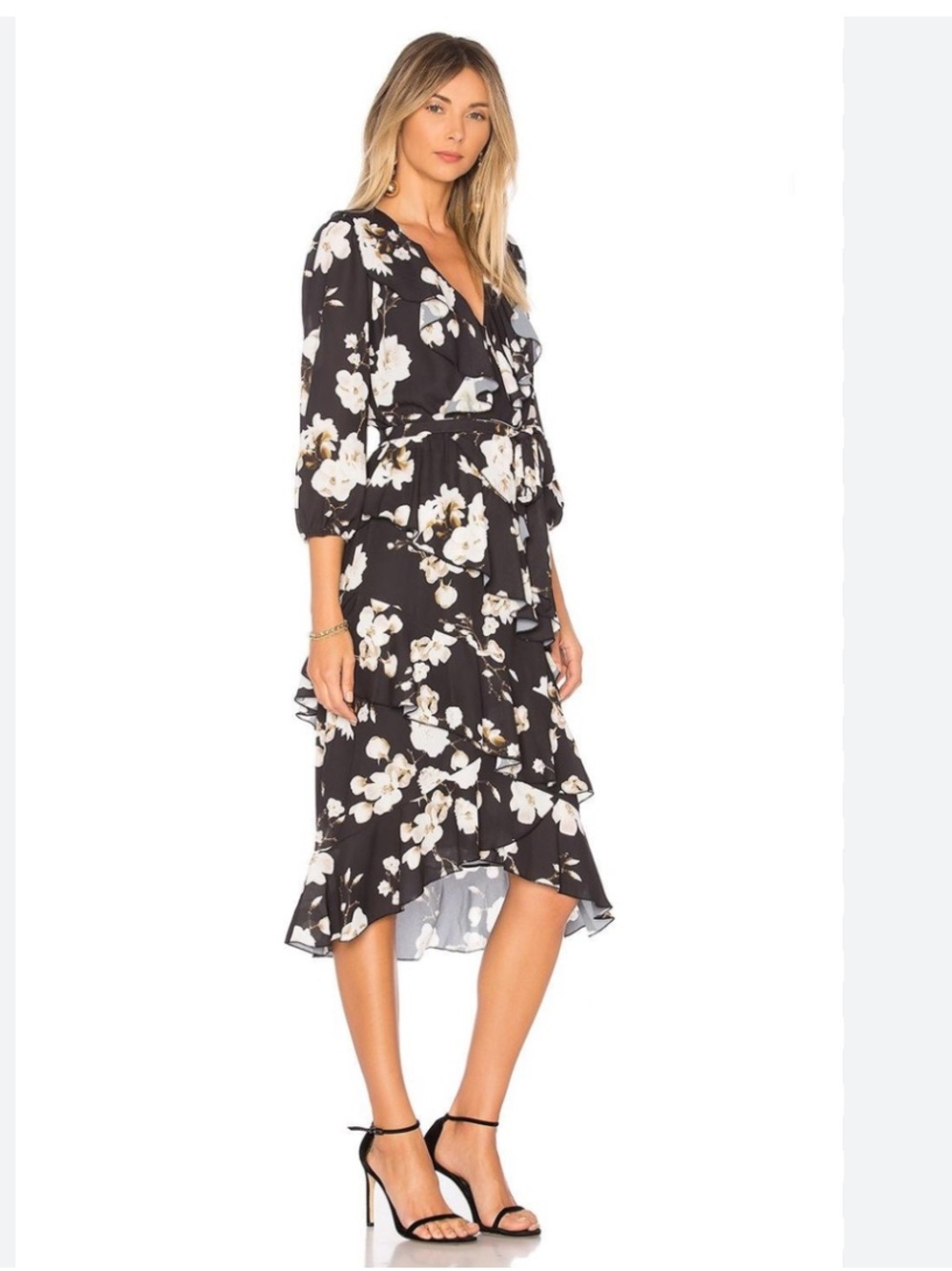 Alice + Olivia Kye Ruffle Floral Print Crepe Midi Dress - Picture 14 of 14